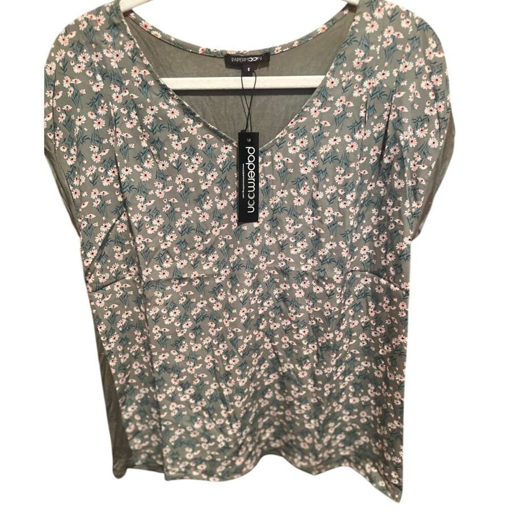 Papermoon Floral Print Button‎ Back Cap Sleeve Blouse Green Casual Top Size S
